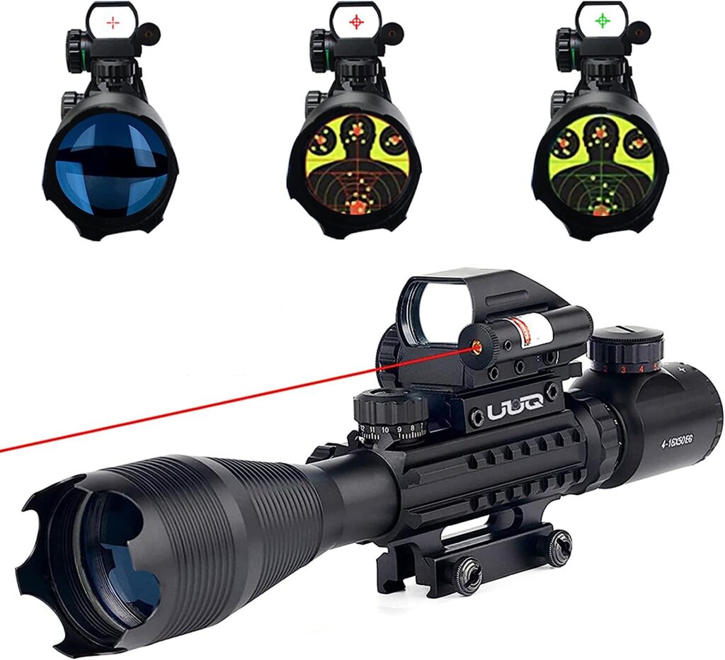 UUQ 4-16x50 Tactical Rifle Scope Red/Green Illuminated Range Finder Reticle W/Laser Sight and Holographic Reflex Dot Sight